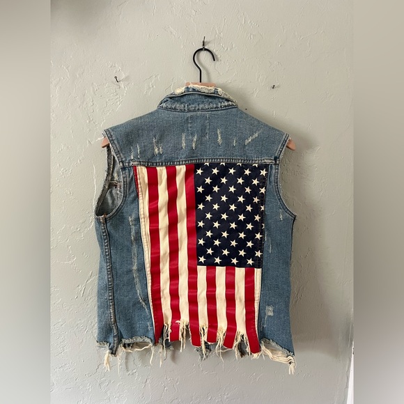🇺🇸 UNIF Spiked USA Flag Stripe Star Stud Denim Jean Sleeveless Oversized Vest - Picture 2 of 3